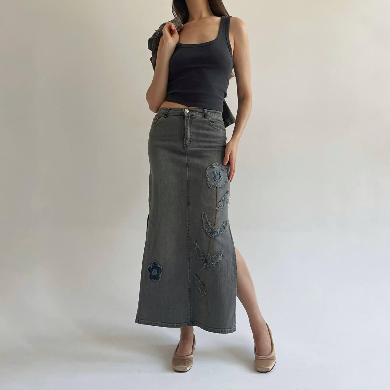 Vintage grey denim suit with appliqué flowers