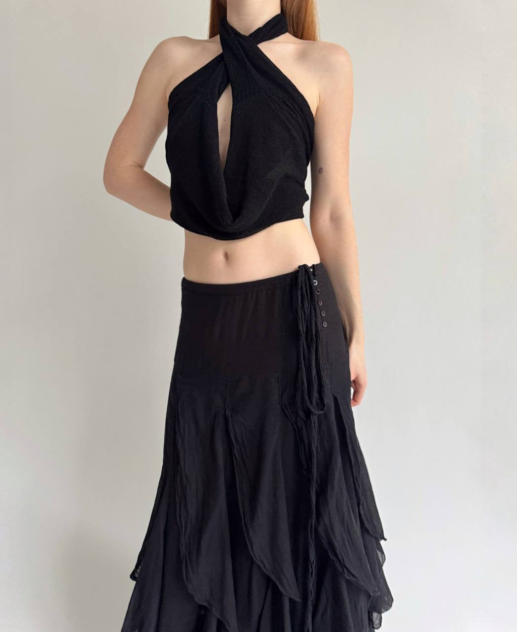 Vintage cotton black ruffled maxi skirt