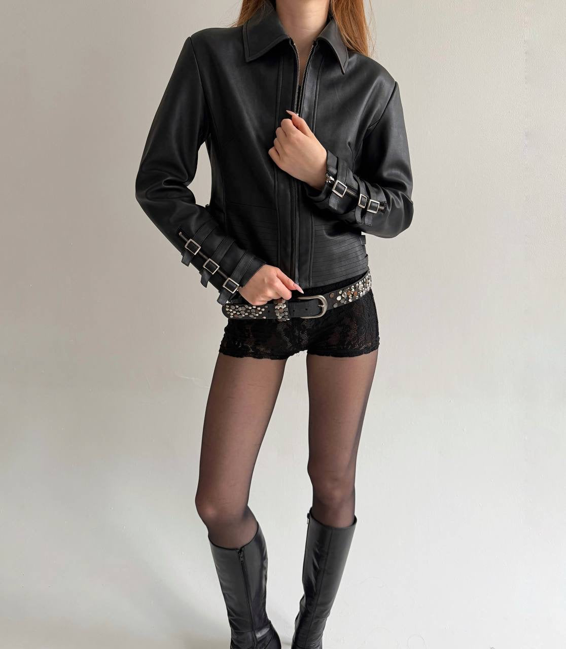 Vintage black faux leather jacket with belts