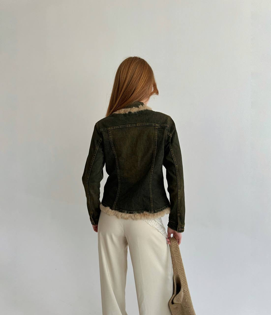 Vintage made in France washed denim jacket with real fur