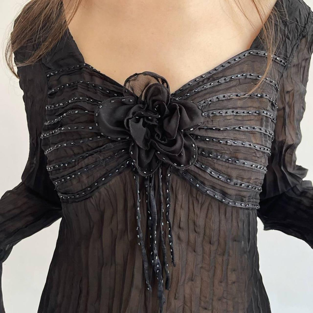 Vintage sheer pleated blouse with flower appliqué