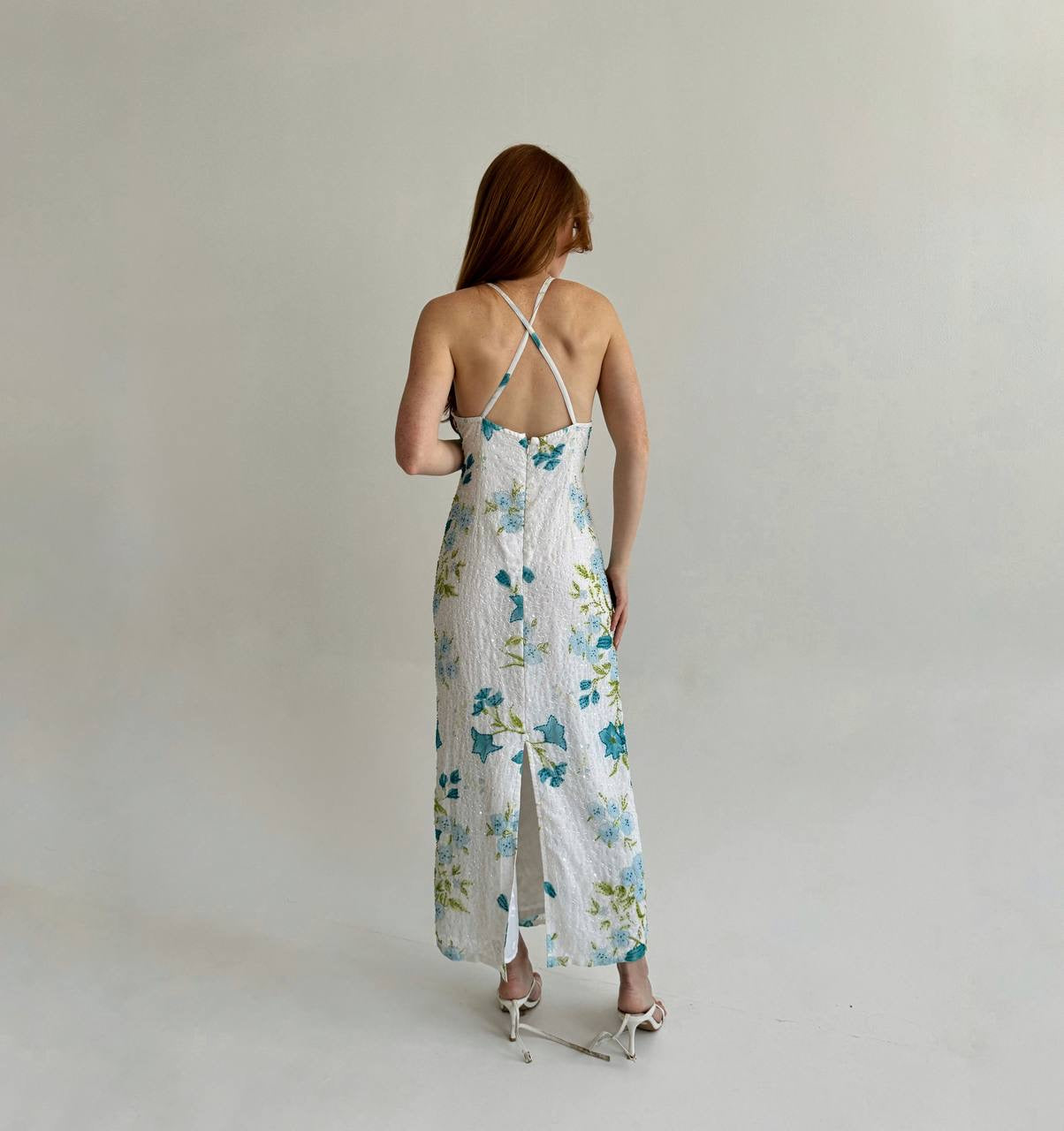 Vintage maxi dress with flowers pattern and beaded swirl