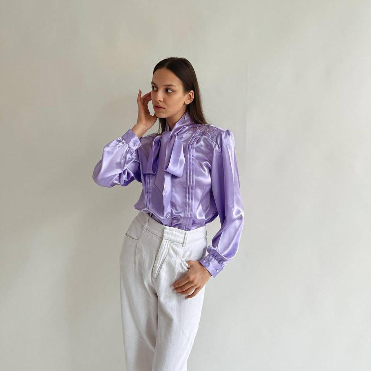Vintage violet satin blouse with a bow