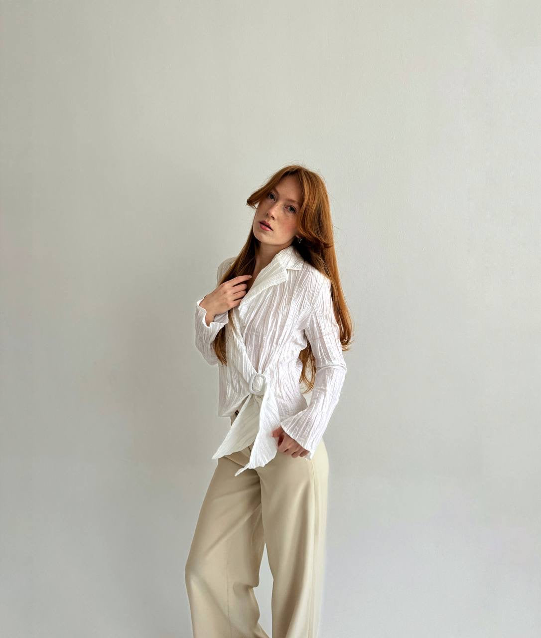 Vintage white wrap blouse with side buckle