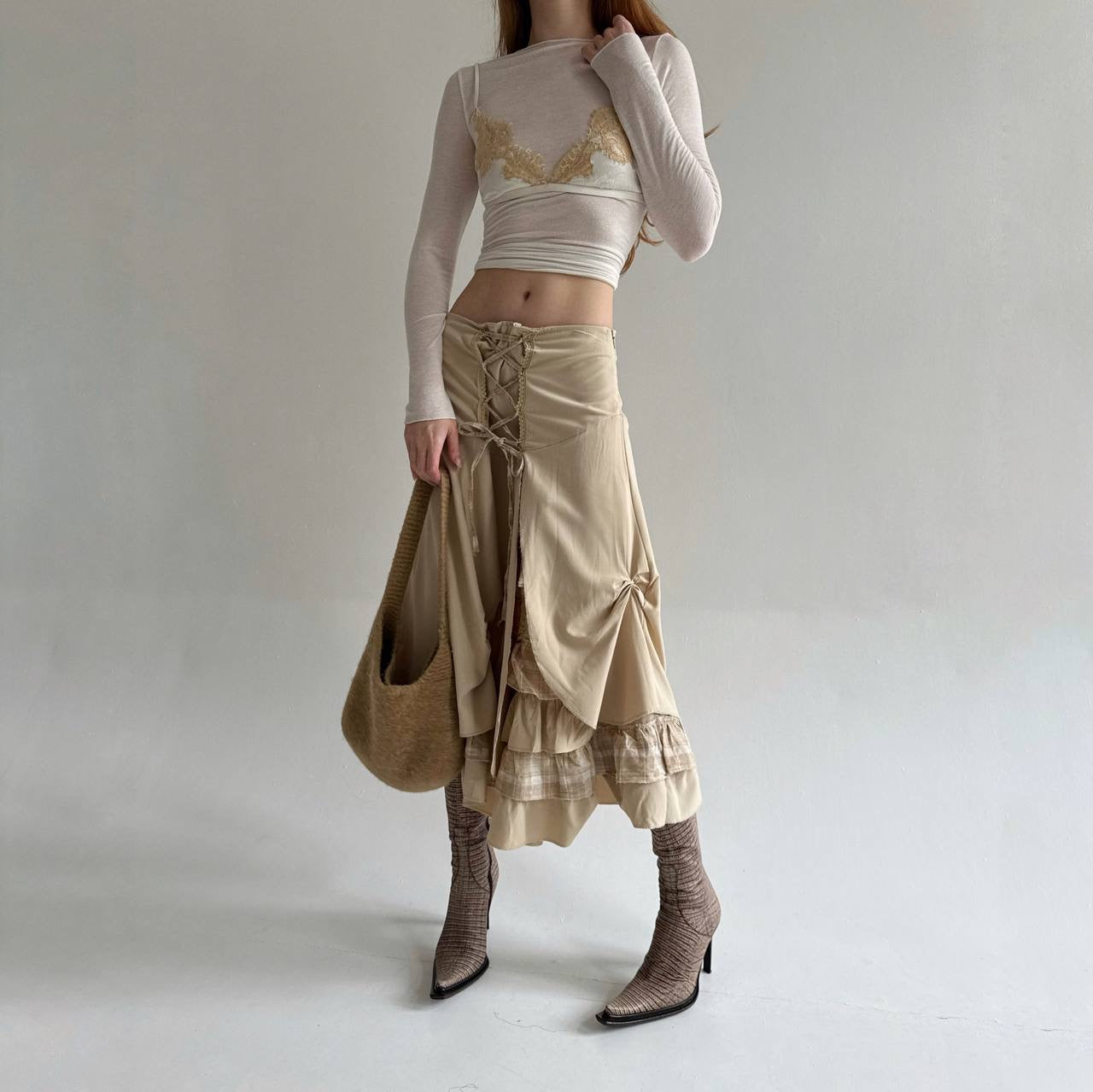 Vintage beige draped skirt with lace and checker pattern details