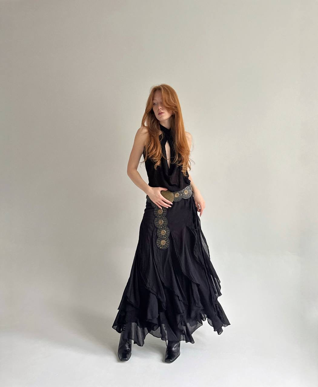 Vintage cotton black ruffled maxi skirt
