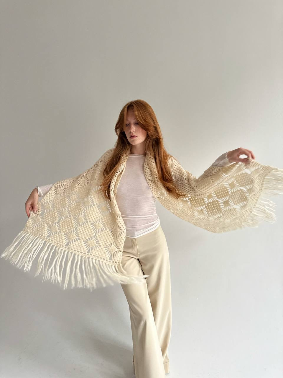 Vintage buttercream knitted wide scarf