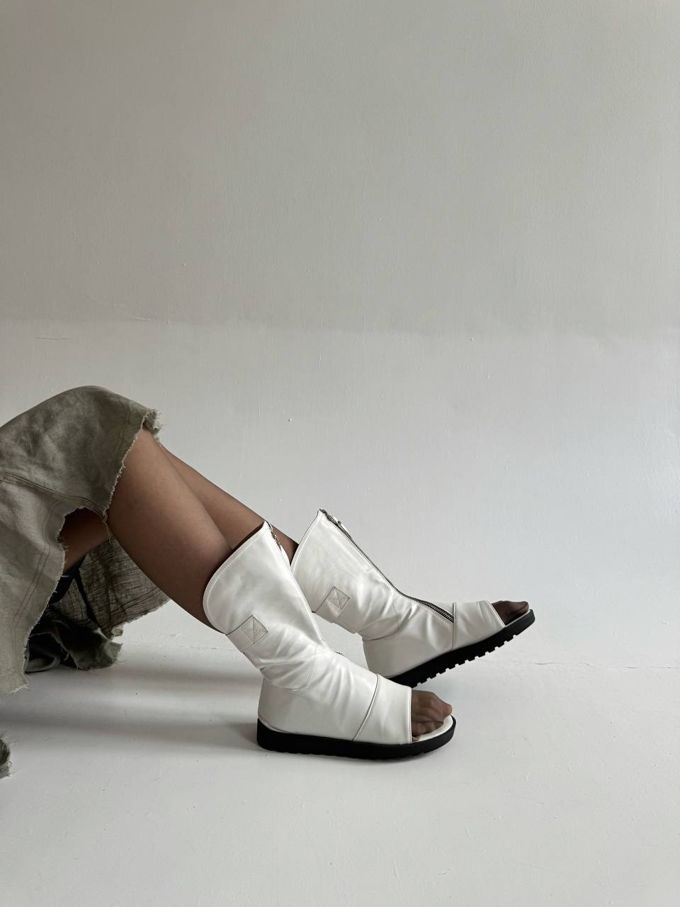 Vintage avant garde asymmetrical zipper open toe boots