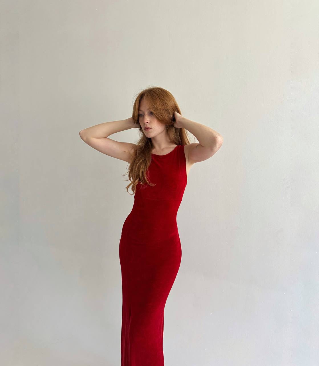 Vintage red fitted long dress with open back