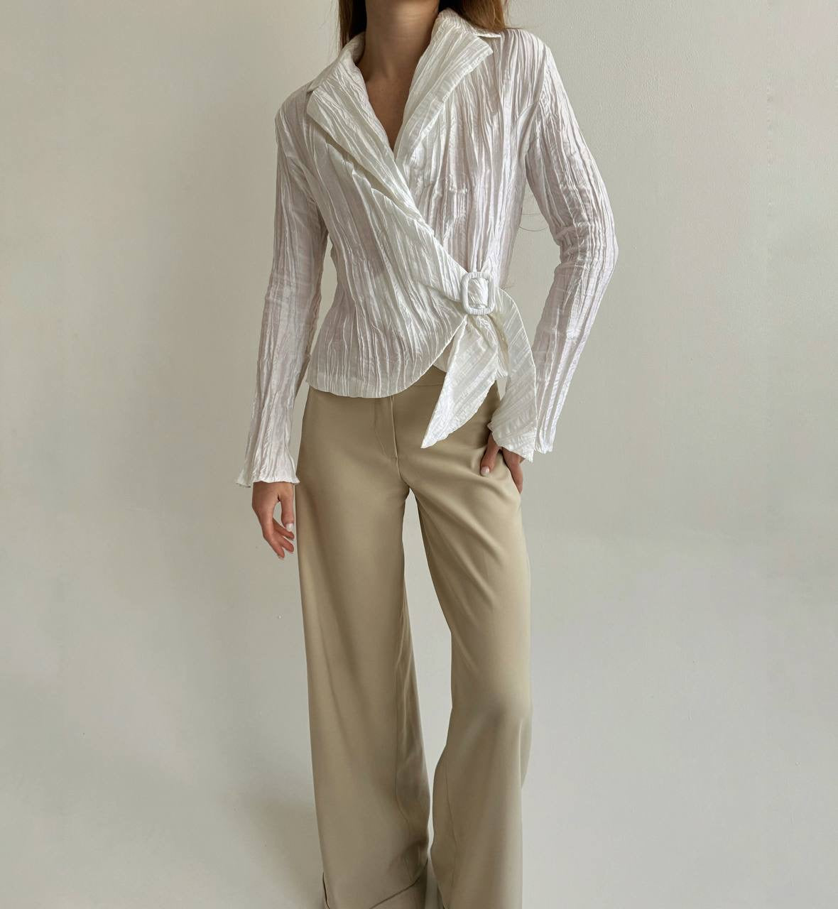 Vintage white wrap blouse with side buckle
