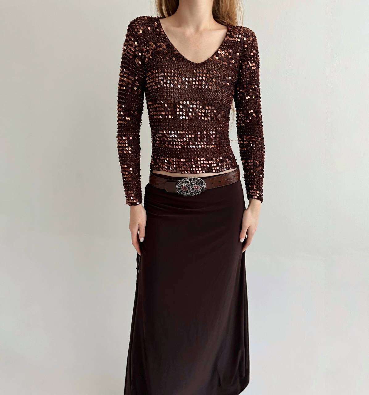 Vintage brown crochet sequin blouse