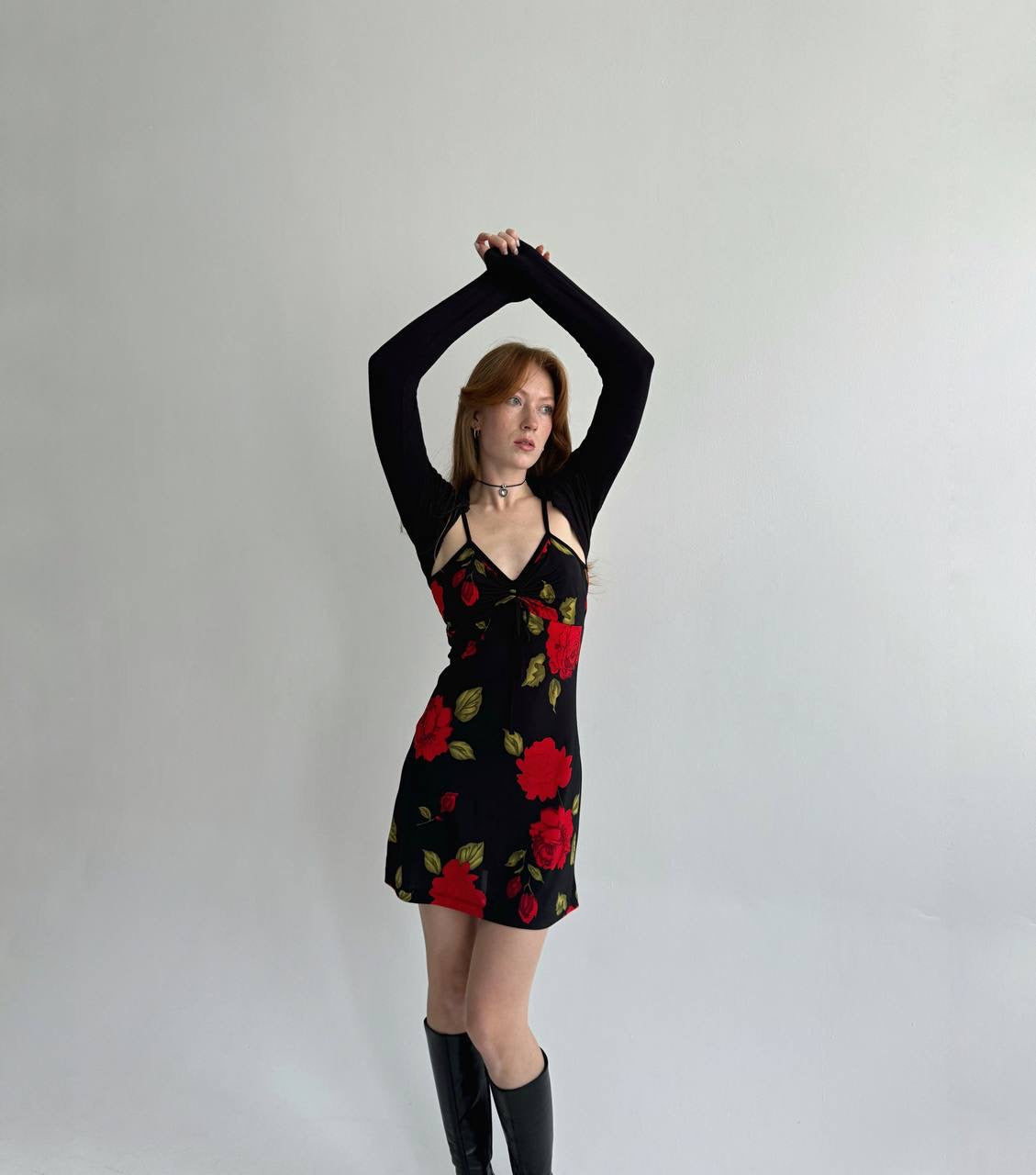 Vintage mini dress with red flowers pattern