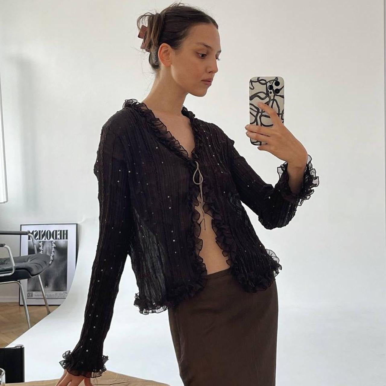 Vintage pleated blouse with sequins and ruffles