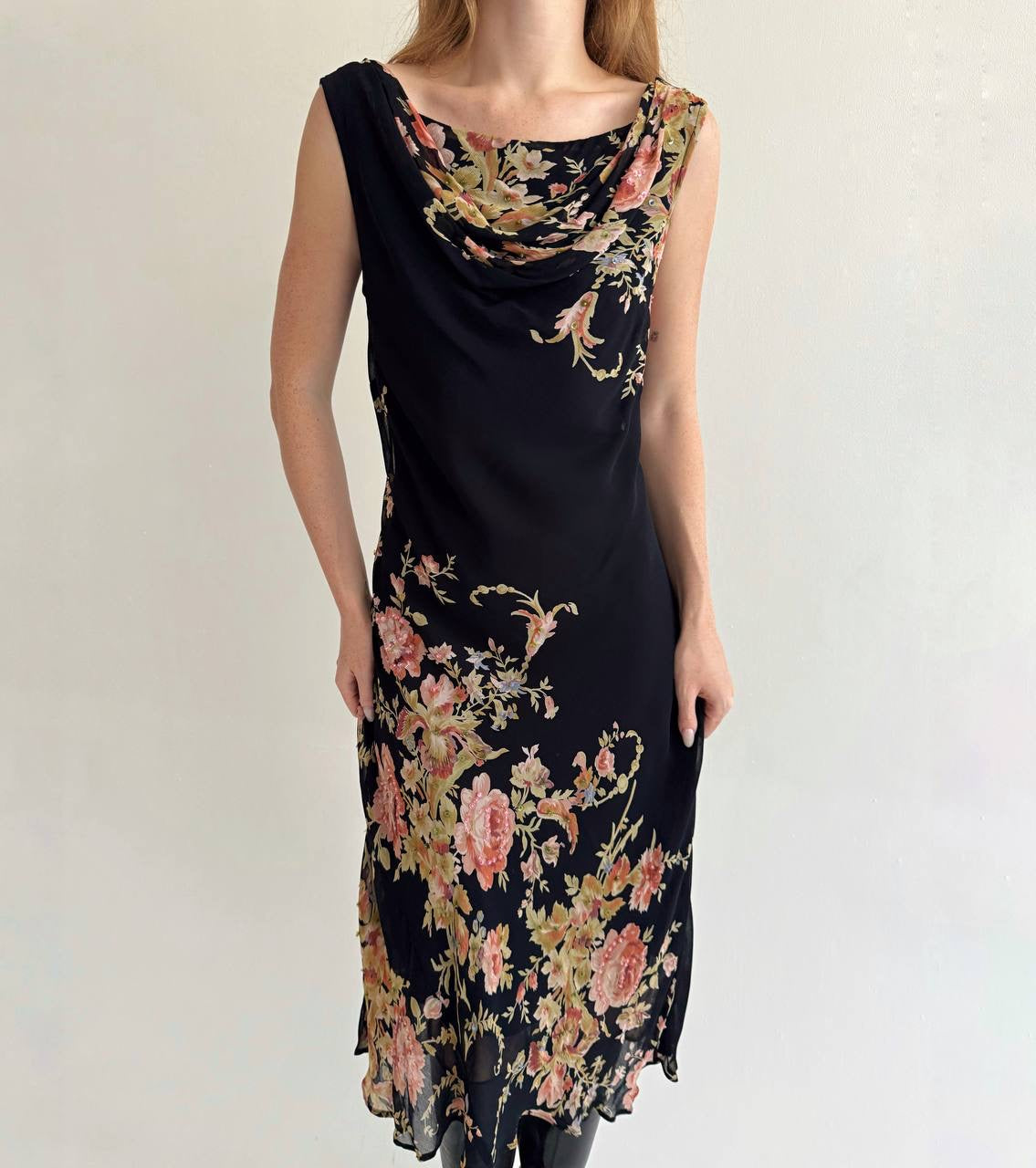 Vintage rayon dress with flower print and beads