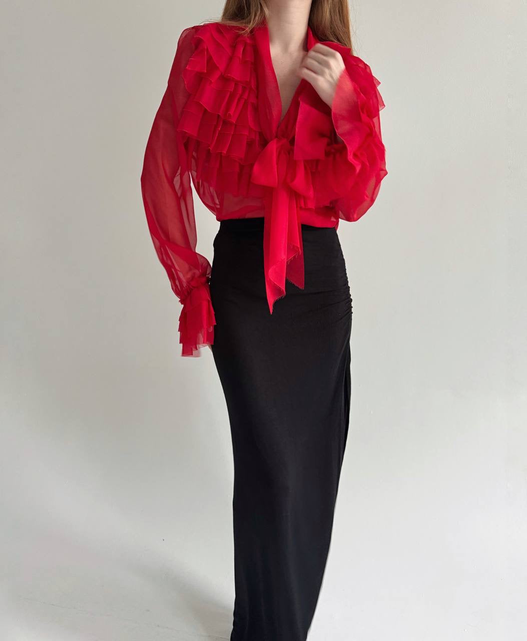 Vintage semi transparent red blouse with raw trim ruffles and chest bow