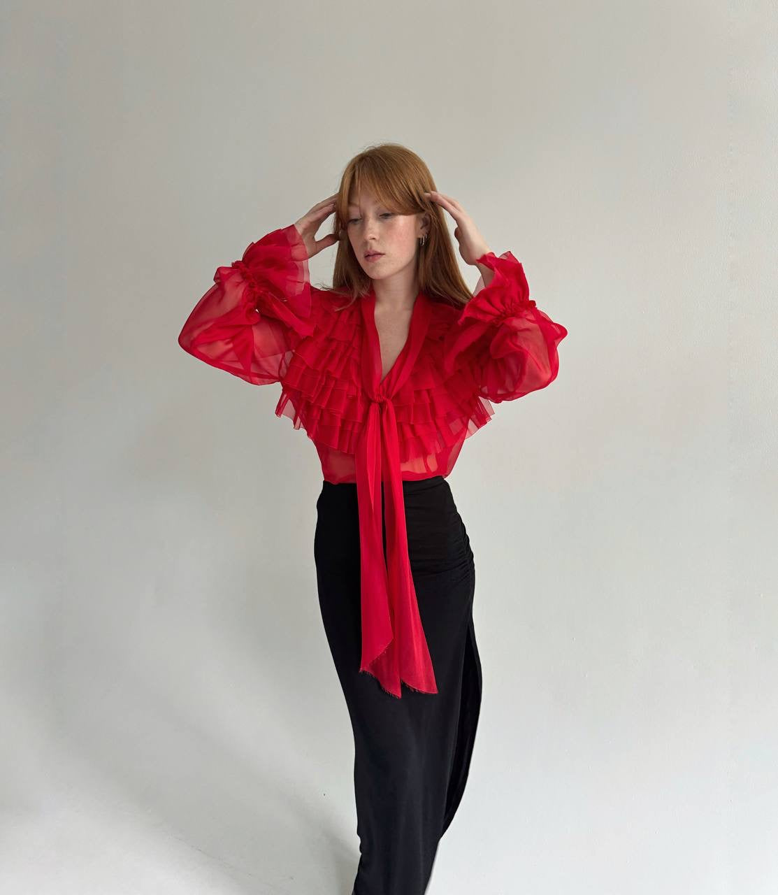 Vintage semi transparent red blouse with raw trim ruffles and chest bow