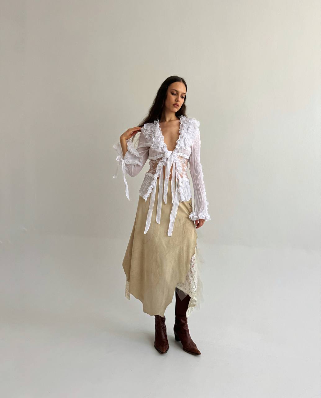 Vintage genuine leather asymmetrical skirt with lace