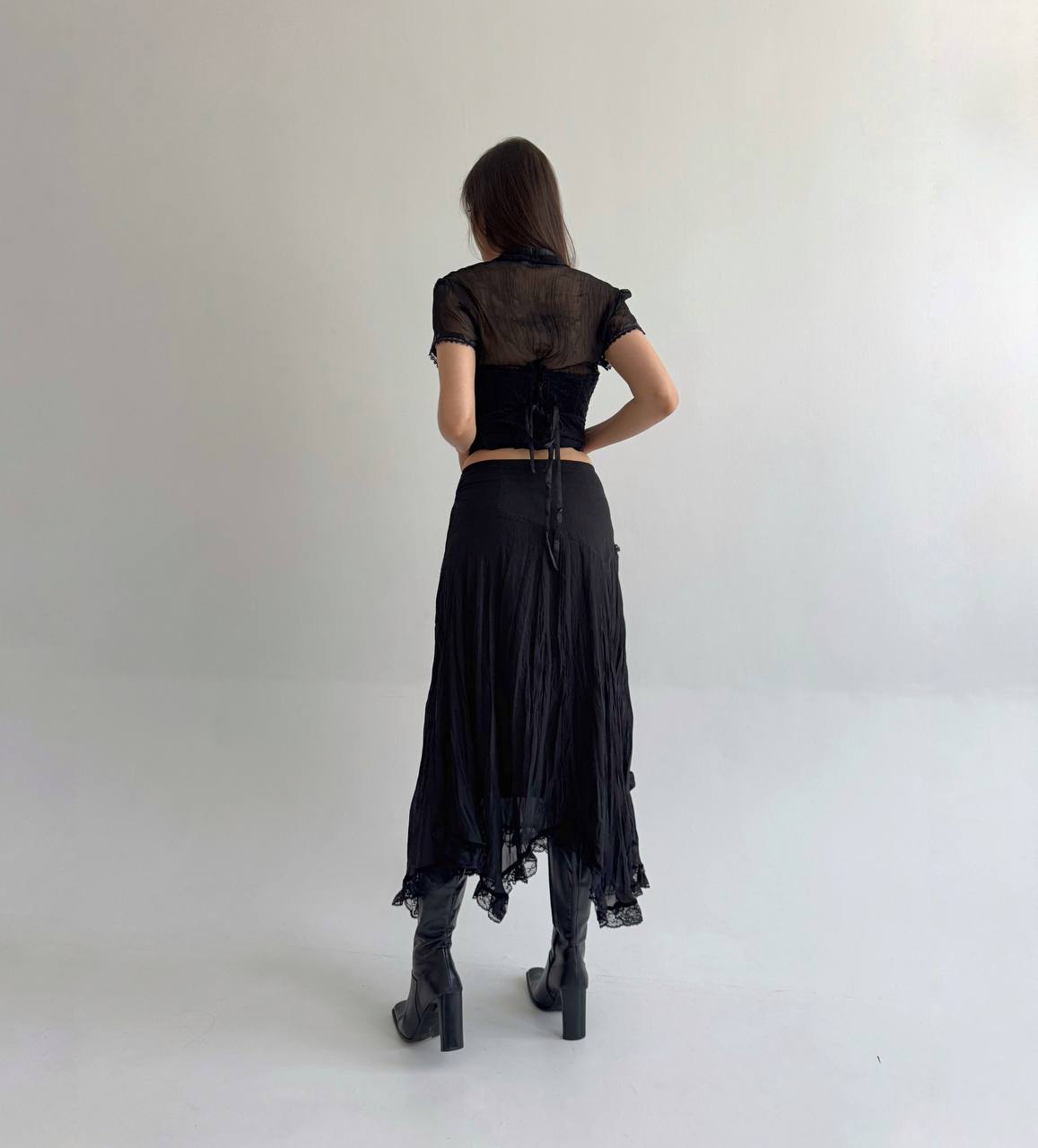 Vintage asymmetrical black lace flower appliqué skirt