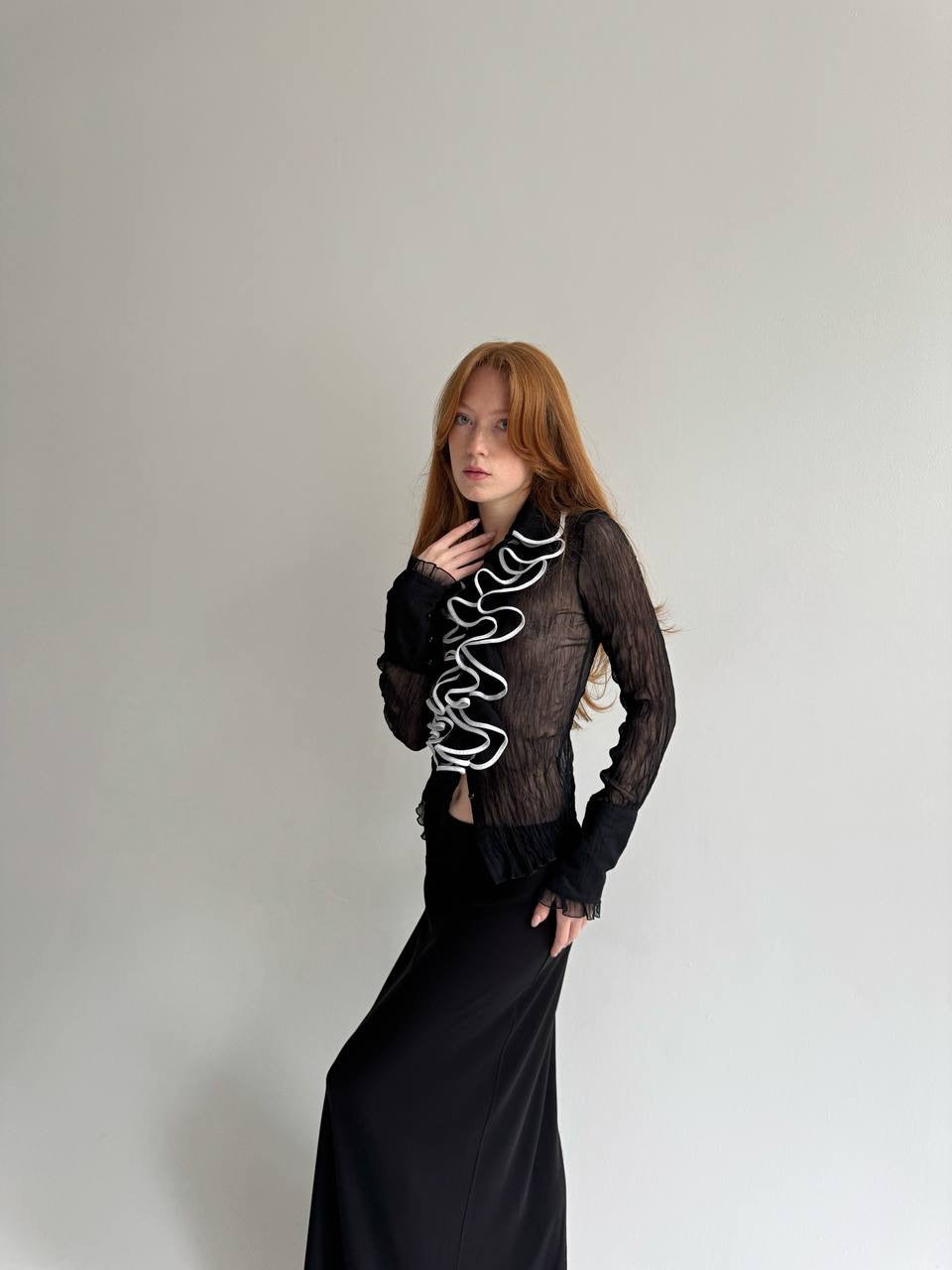 Vintage sheer pleated blouse with ruffles