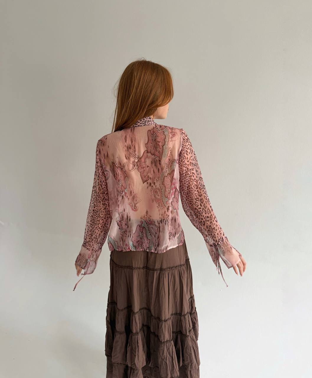 Vintage pink sheer blouse with print