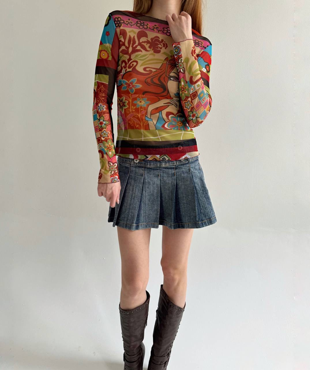 Vintage mesh printed orange blouse