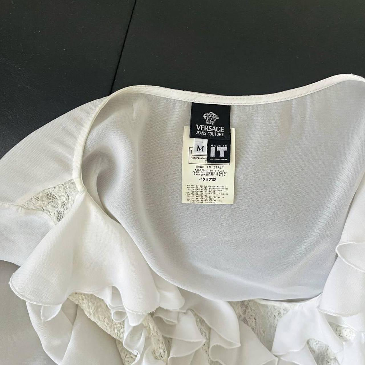 Versace sheer white blouse with ruffles and lace