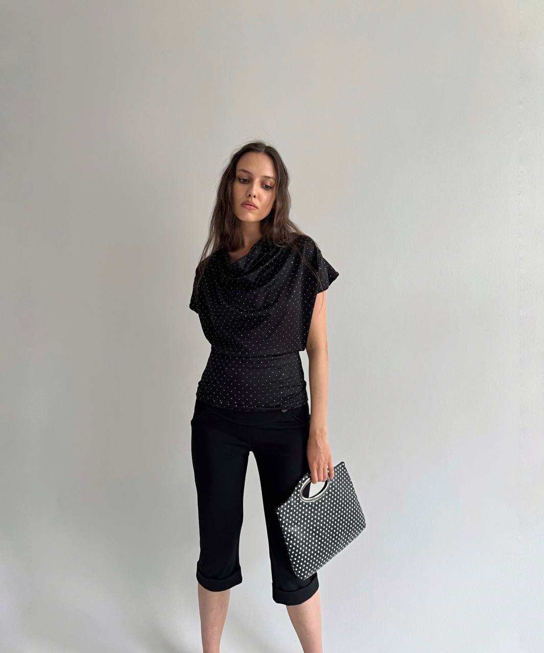 Vintage black draped blouse with rhinestones