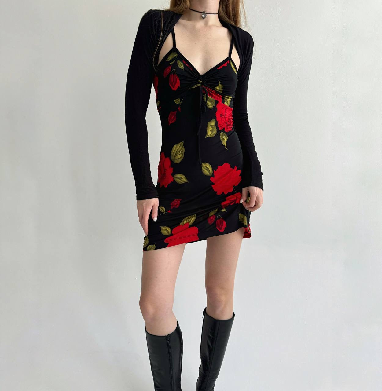 Vintage mini dress with red flowers pattern