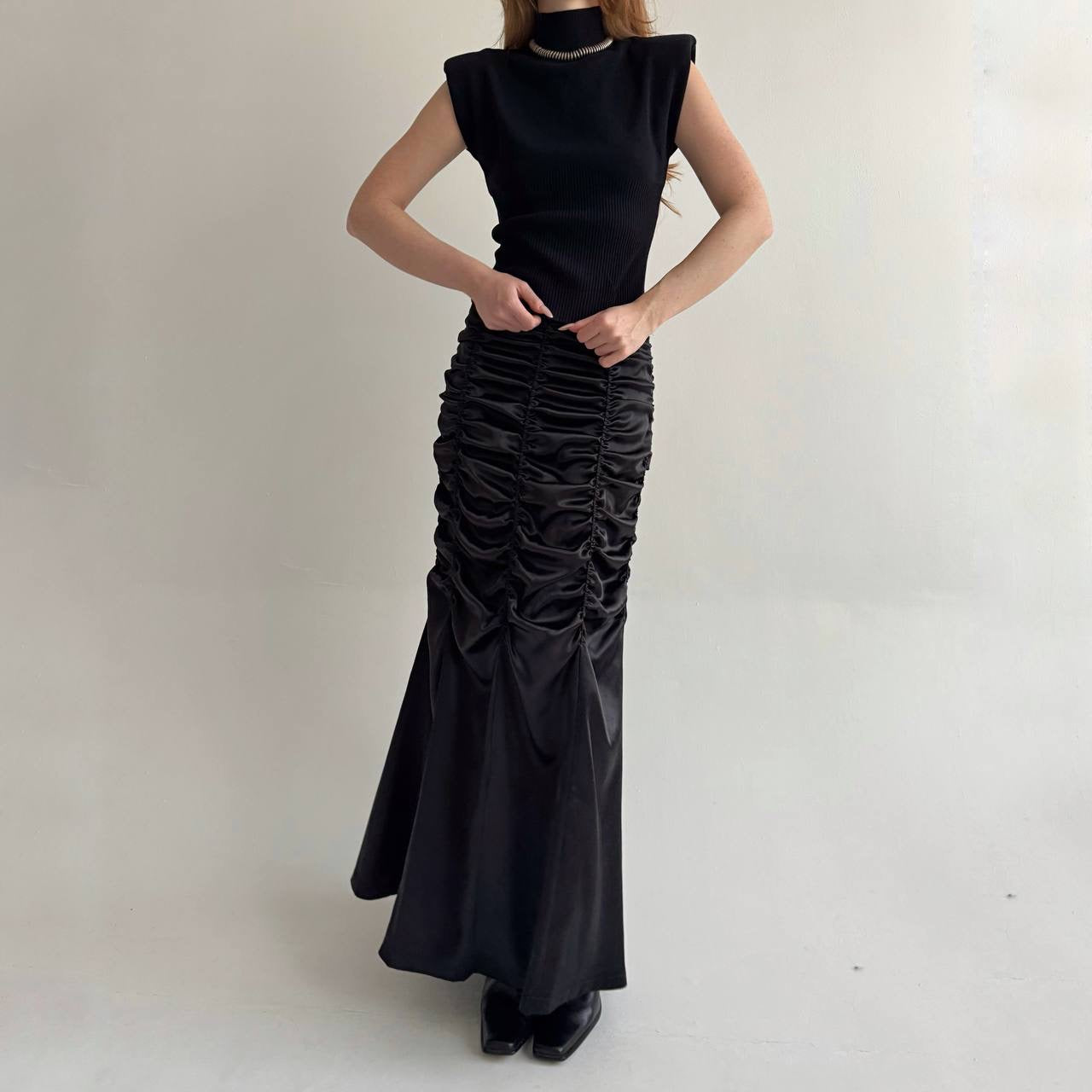 Vintage black satin long ruched skirt