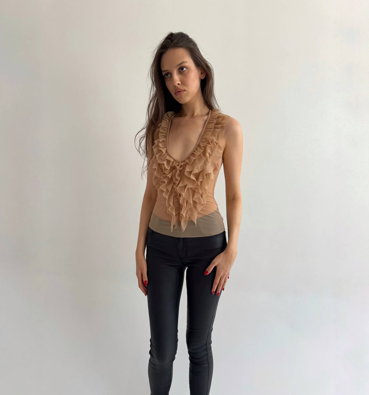 Sisley mesh embroidered ruffled top