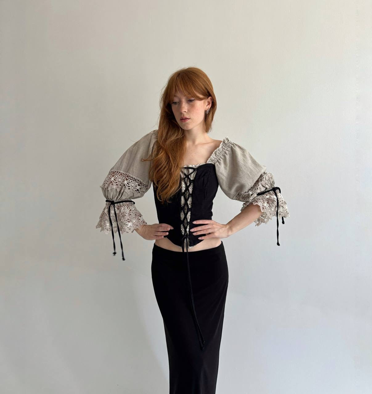 Vintage Bavarian linen blouse with lace