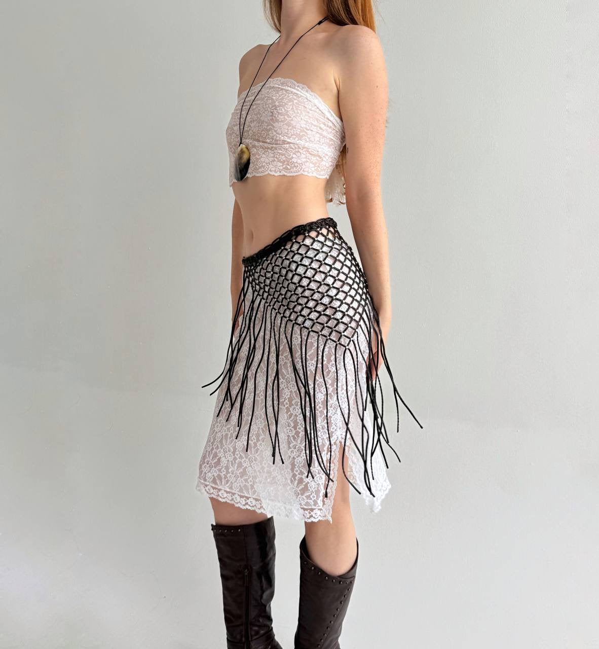 Vintage faux leather studded fishnet belt