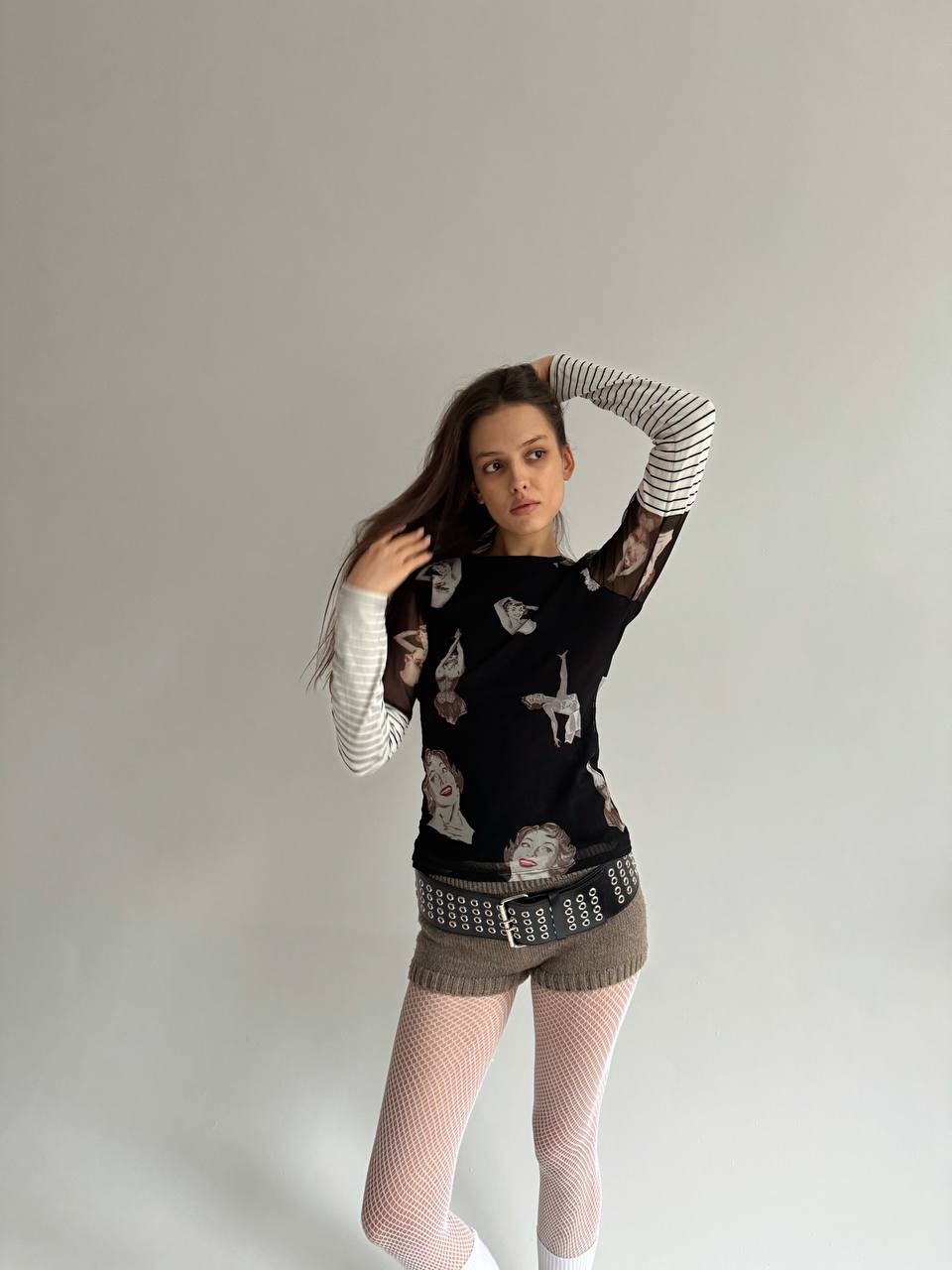 Vintage mesh blouse with 50’s ladies print and striped sleeves