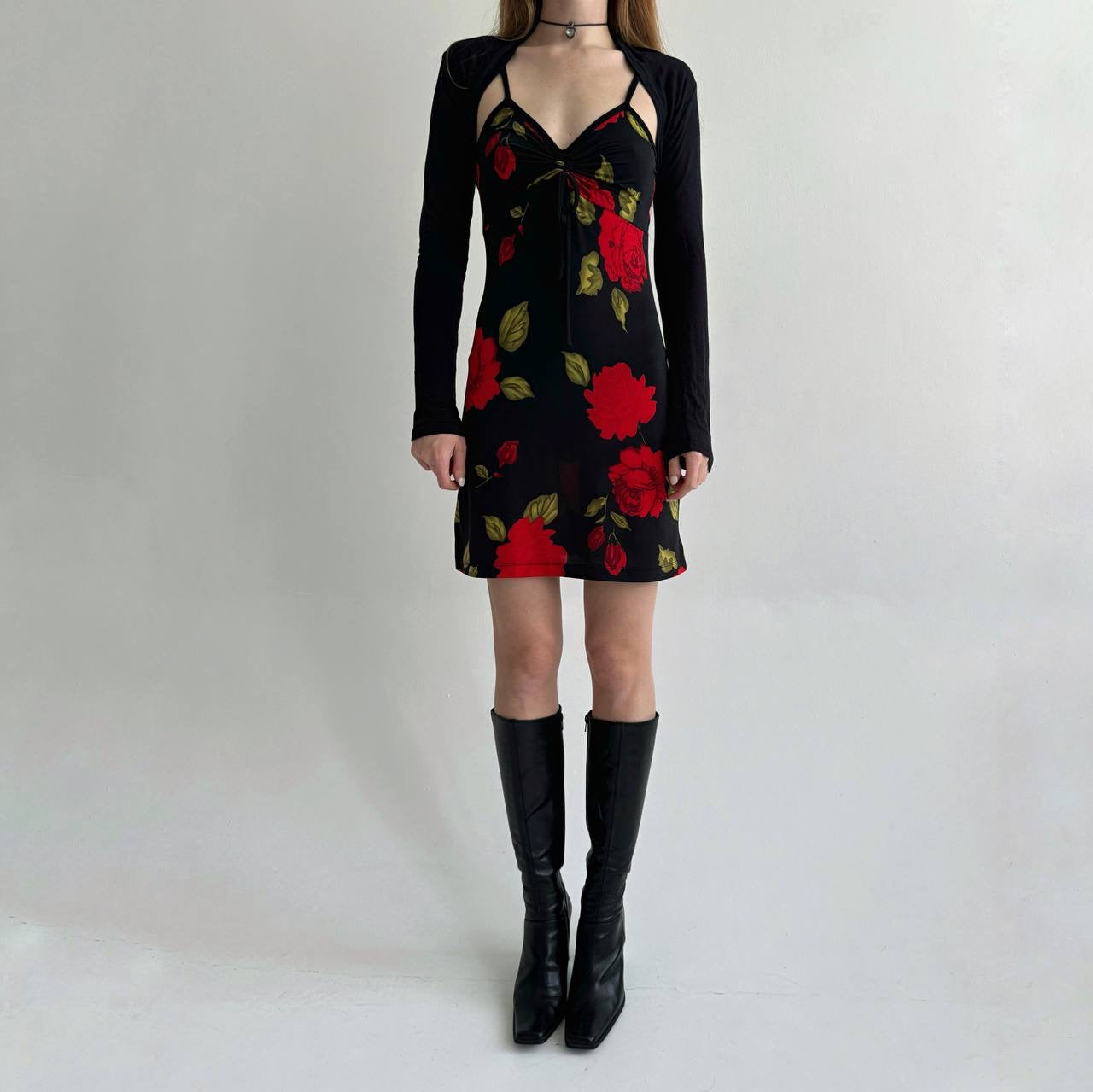 Vintage mini dress with red flowers pattern