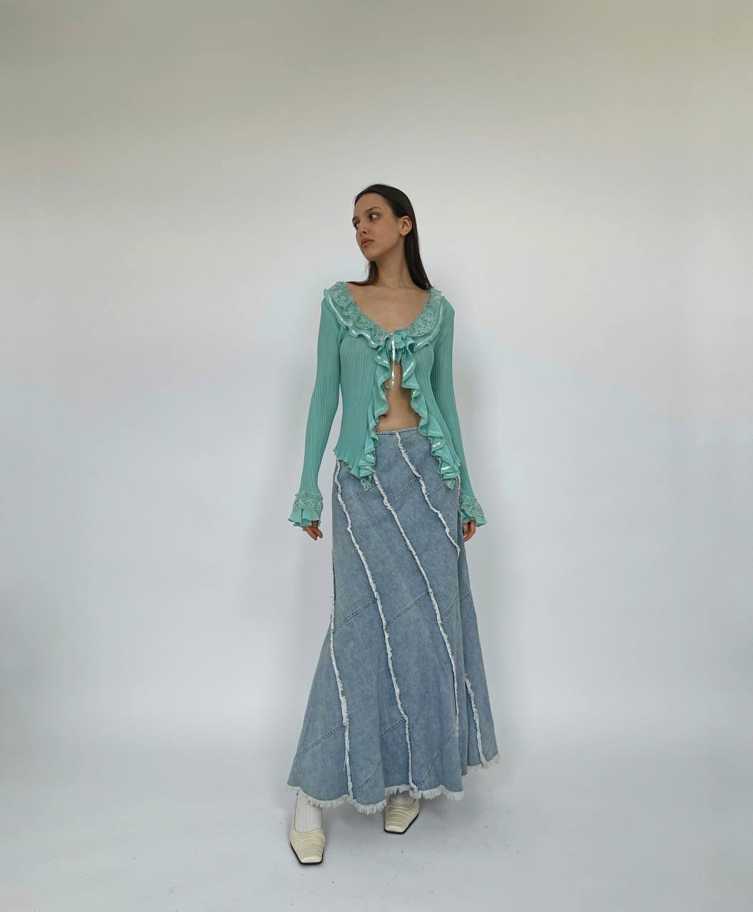 Vintage light denim maxi mermaid cut skirt
