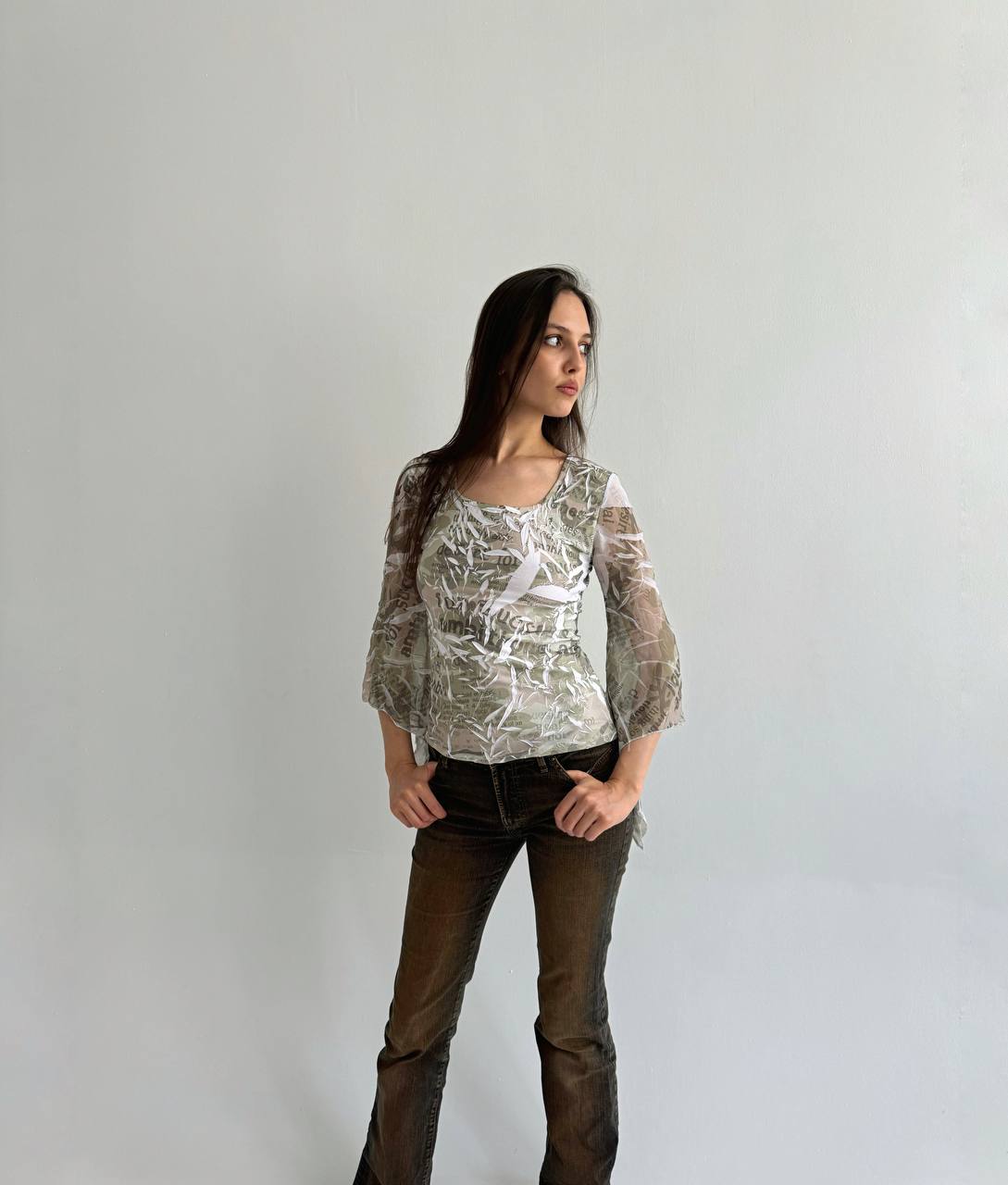 Vintage font print crinkle blouse