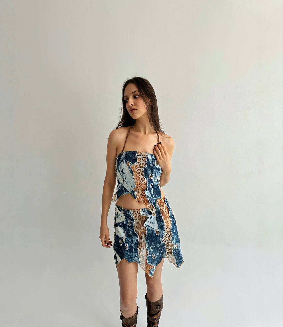 Vintage 3 piece suit with distressed leopard and denim like pattern