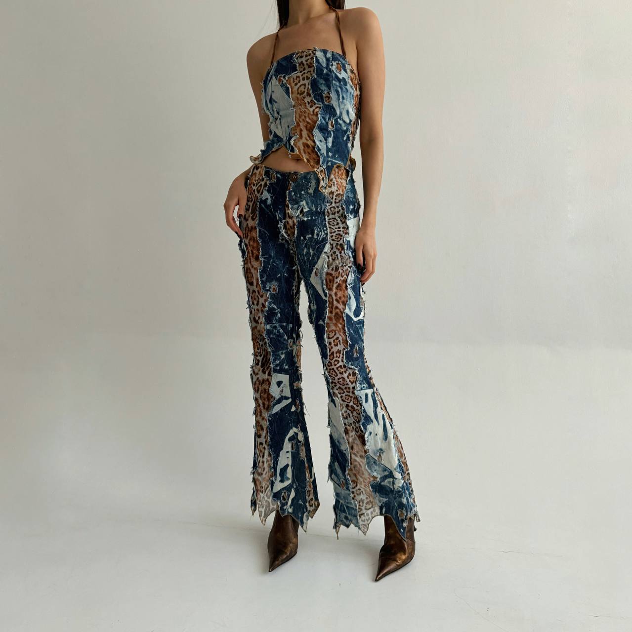 Vintage 3 piece suit with distressed leopard and denim like pattern