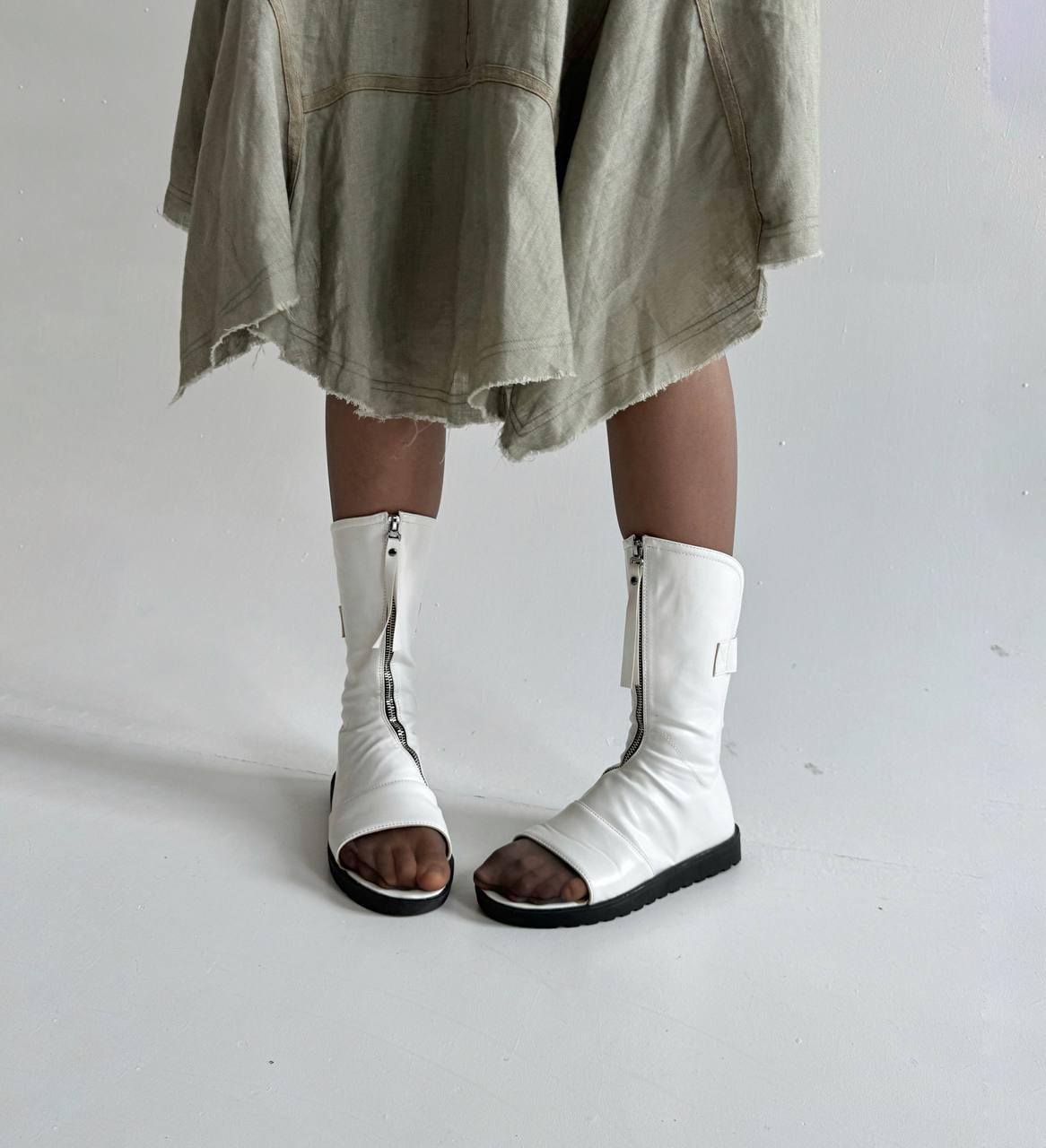 Vintage avant garde asymmetrical zipper open toe boots