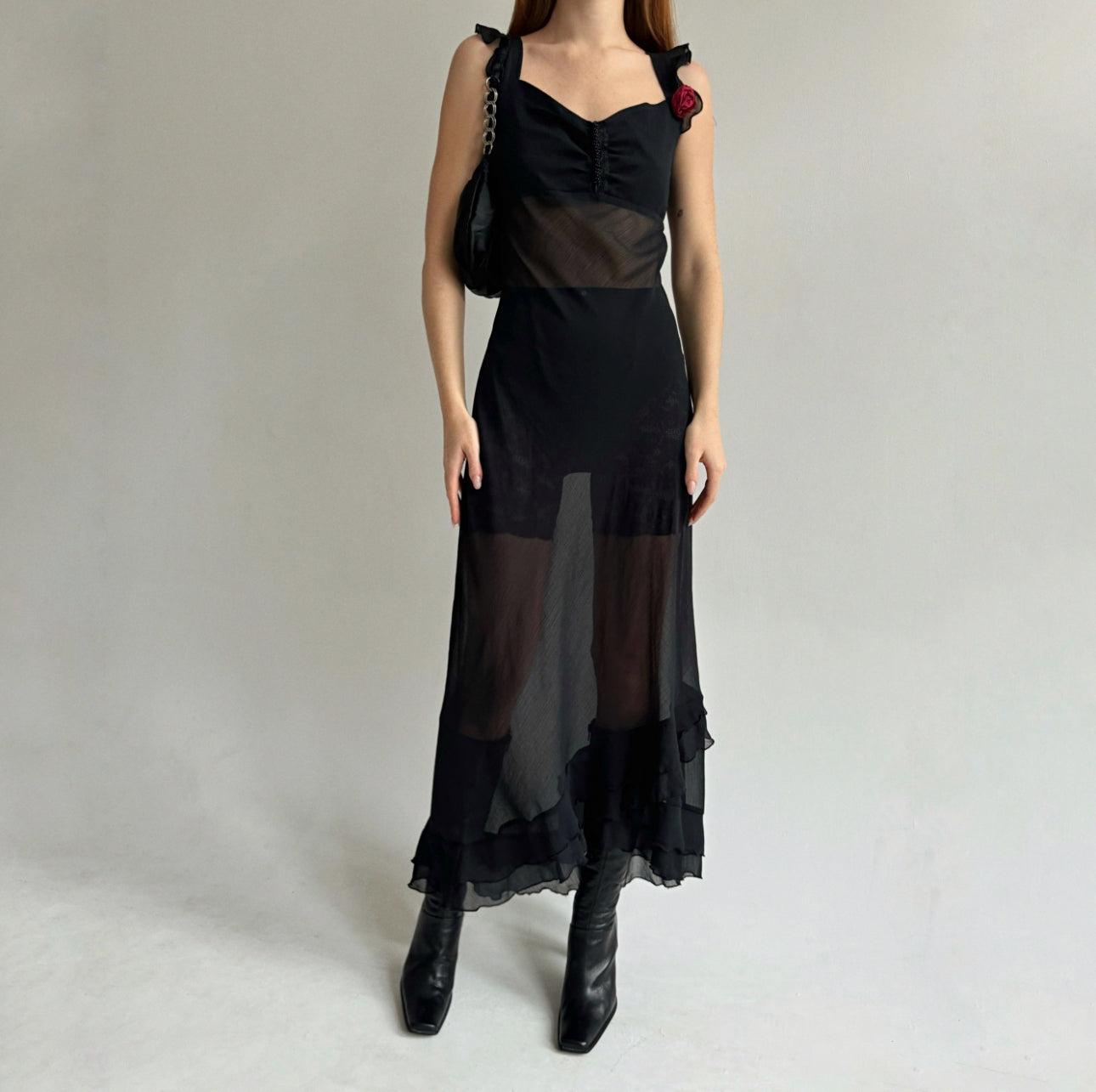 Vintage semi transparent maxi dress with red flower appliqué