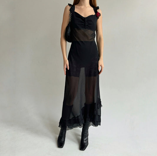 Vintage semi transparent maxi dress with red flower appliqué