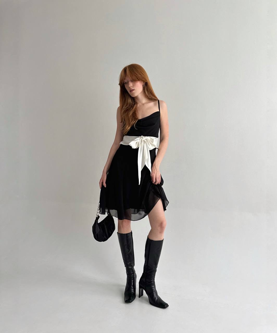 Vintage mini dress with white satin waist tie