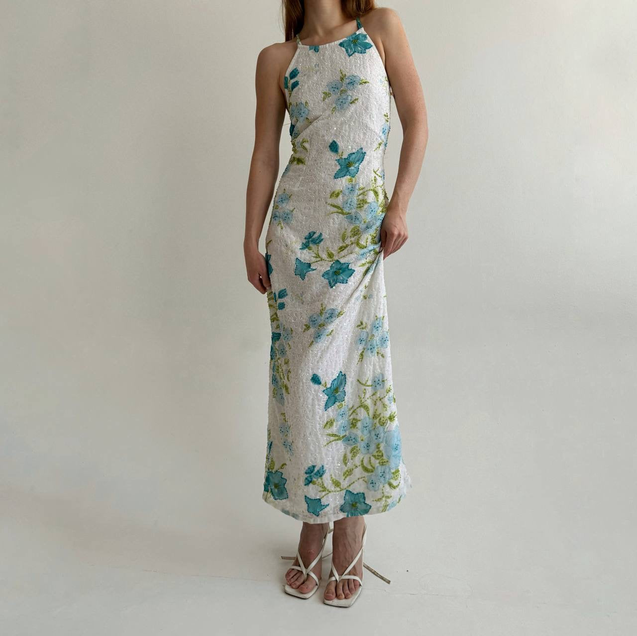Vintage maxi dress with flowers pattern and beaded swirl