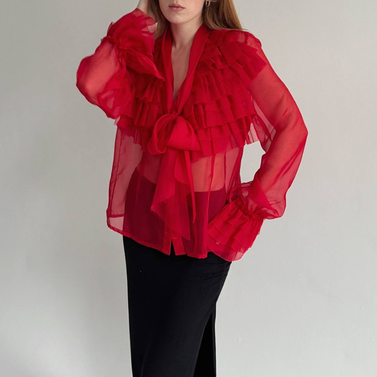 Vintage semi transparent red blouse with raw trim ruffles and chest bow