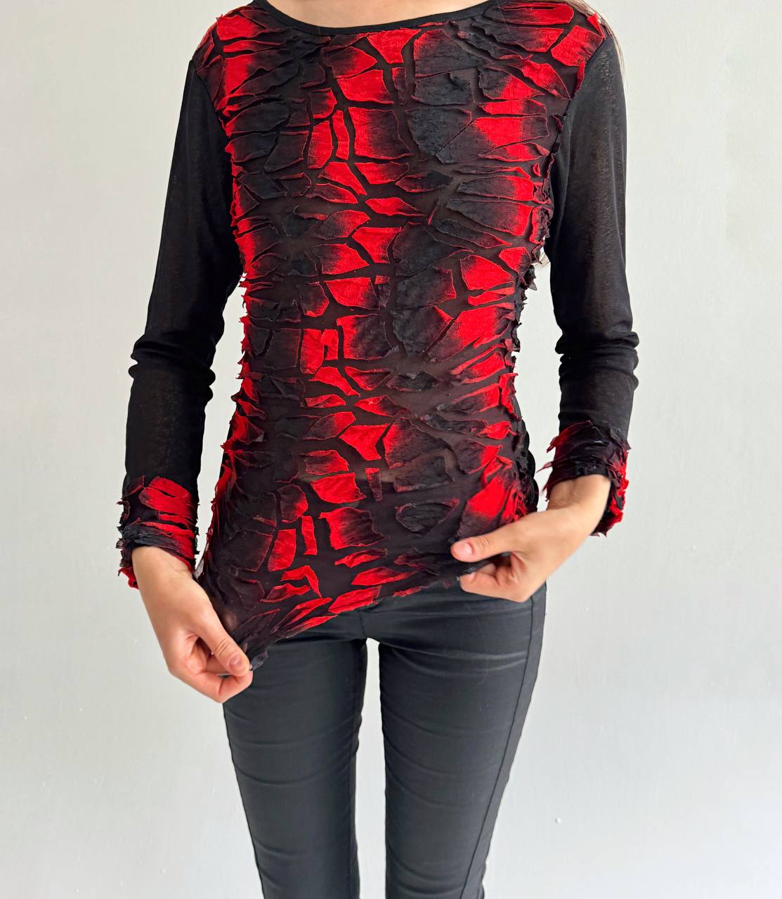 Vintage avant garde mesh deconstructed red blouse