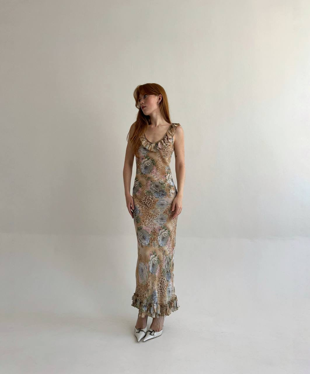 Vintage viscose long dress with leopard and flower print