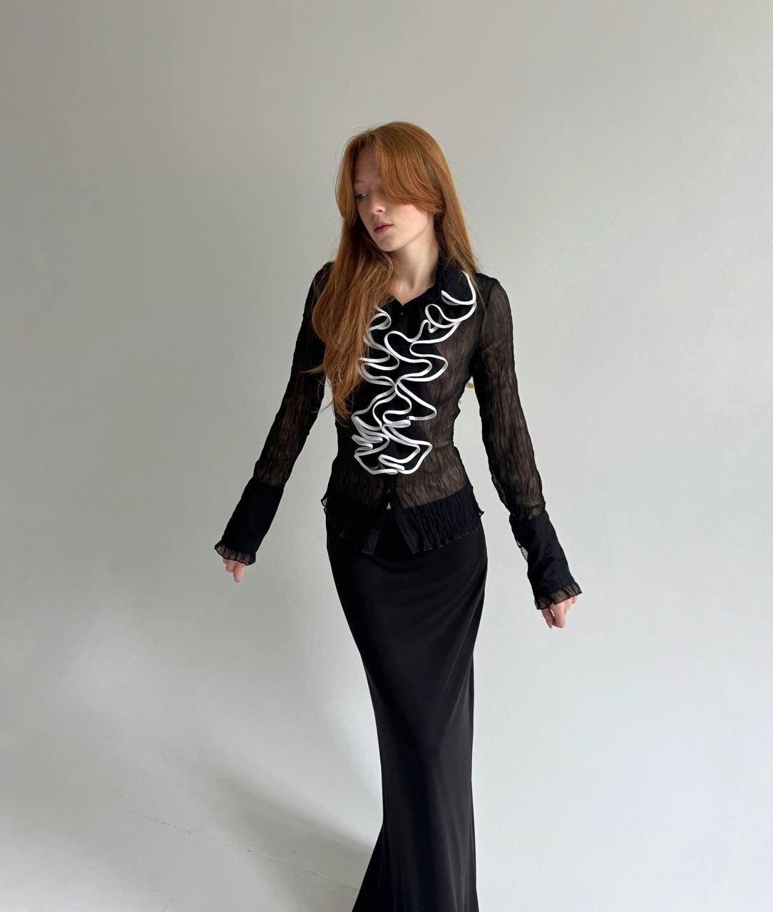 Vintage sheer pleated blouse with ruffles