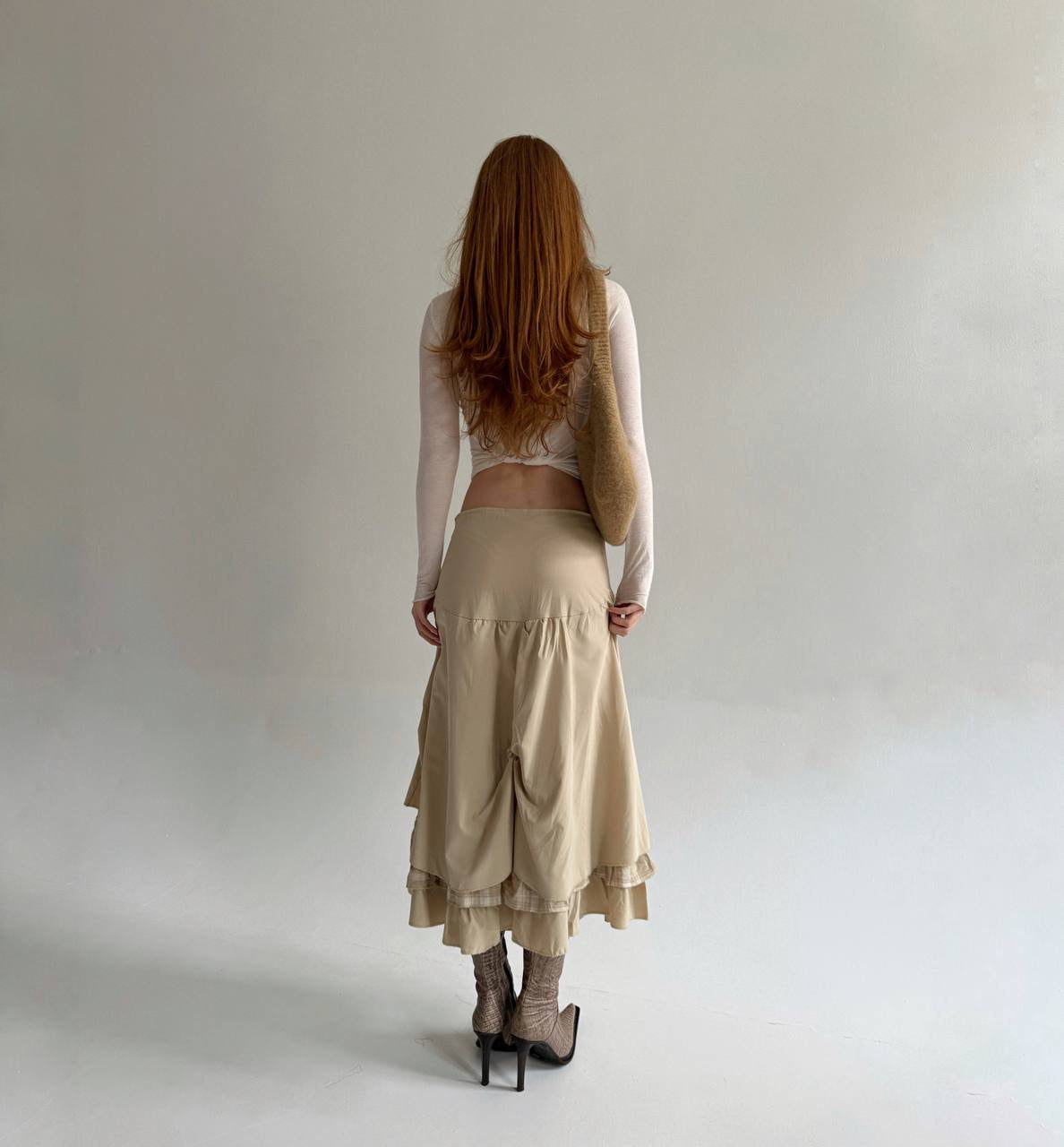 Vintage beige draped skirt with lace and checker pattern details