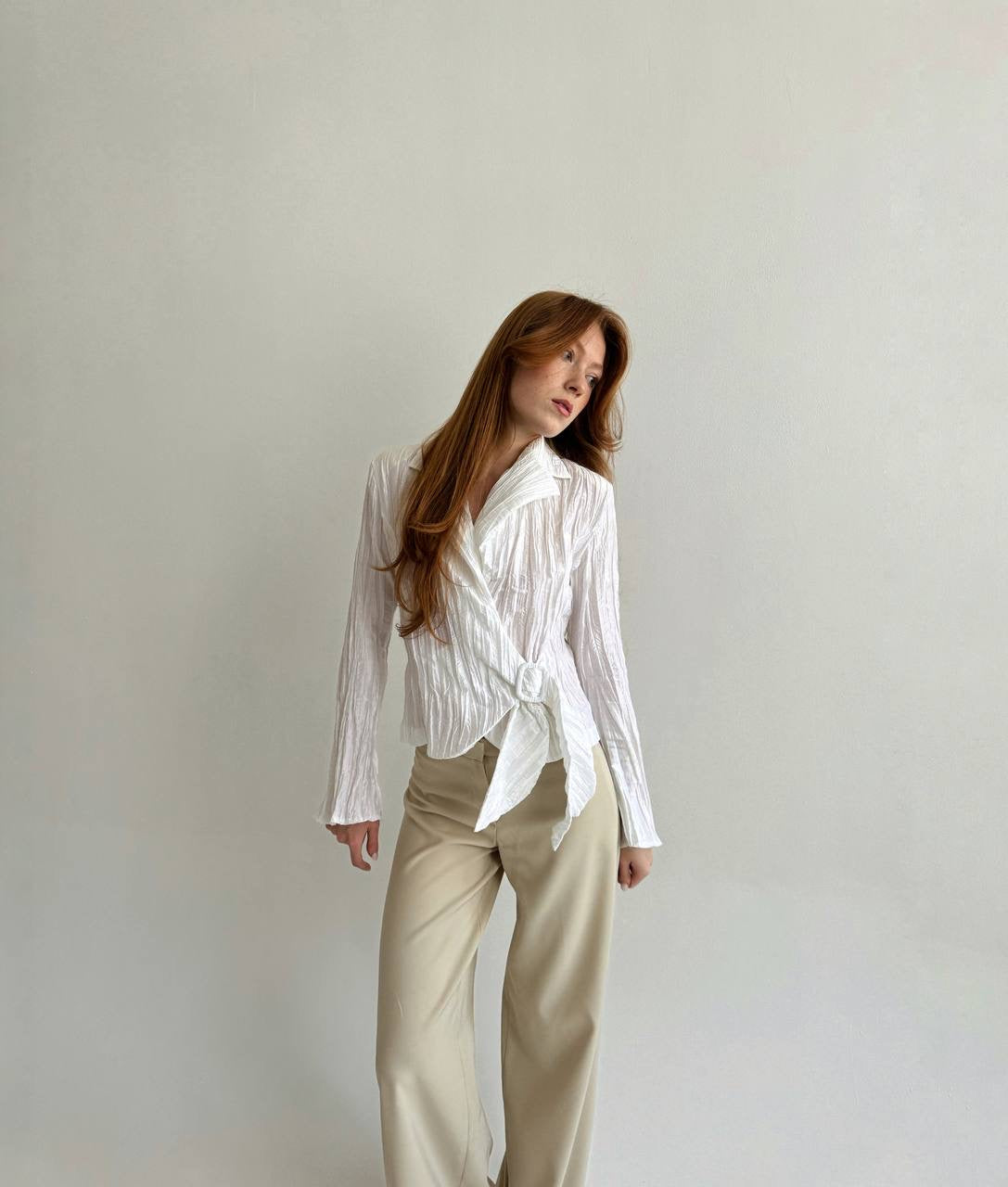 Vintage white wrap blouse with side buckle