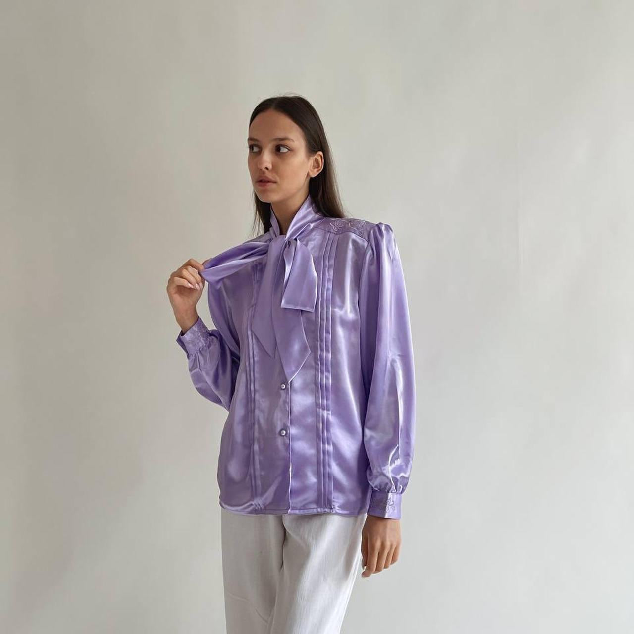 Vintage violet satin blouse with a bow